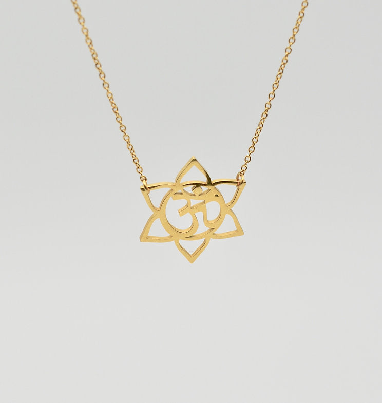 Gold Lotus Om Necklace – 14k Gold Filled, Dainty Yoga Jewelry, 17" Handmade Necklace