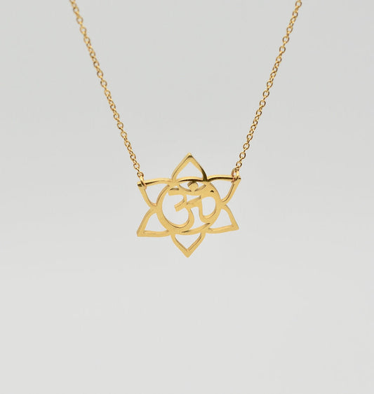 Gold Lotus Om Necklace – 14k Gold Filled, Dainty Yoga Jewelry, 17" Handmade Necklace