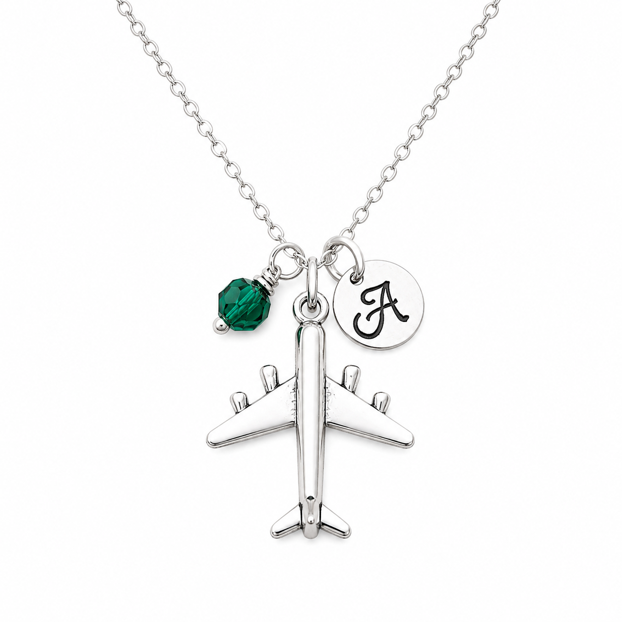 Airplane Charm Necklace – Personalized Initial & Birthstone – Travel Gift