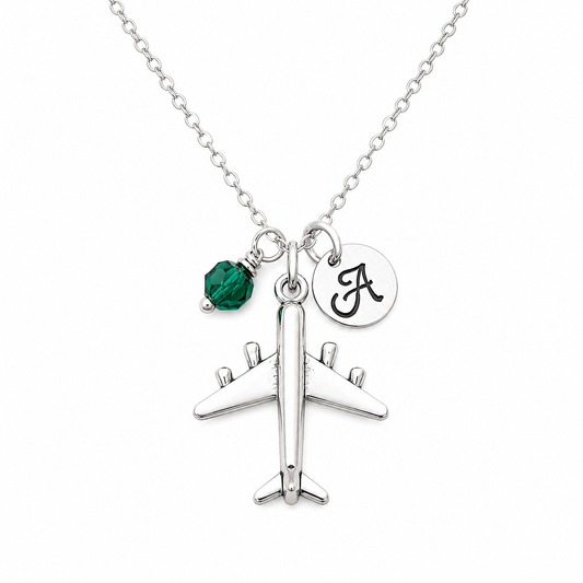 Airplane Charm Necklace – Personalized Initial & Birthstone – Travel Gift