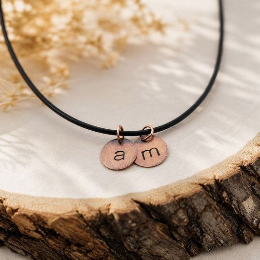 Personalized Copper Initial Necklace for Men – Hand Stamped Leather Cord Necklace – Custom Initial Jewelry Gift for Him