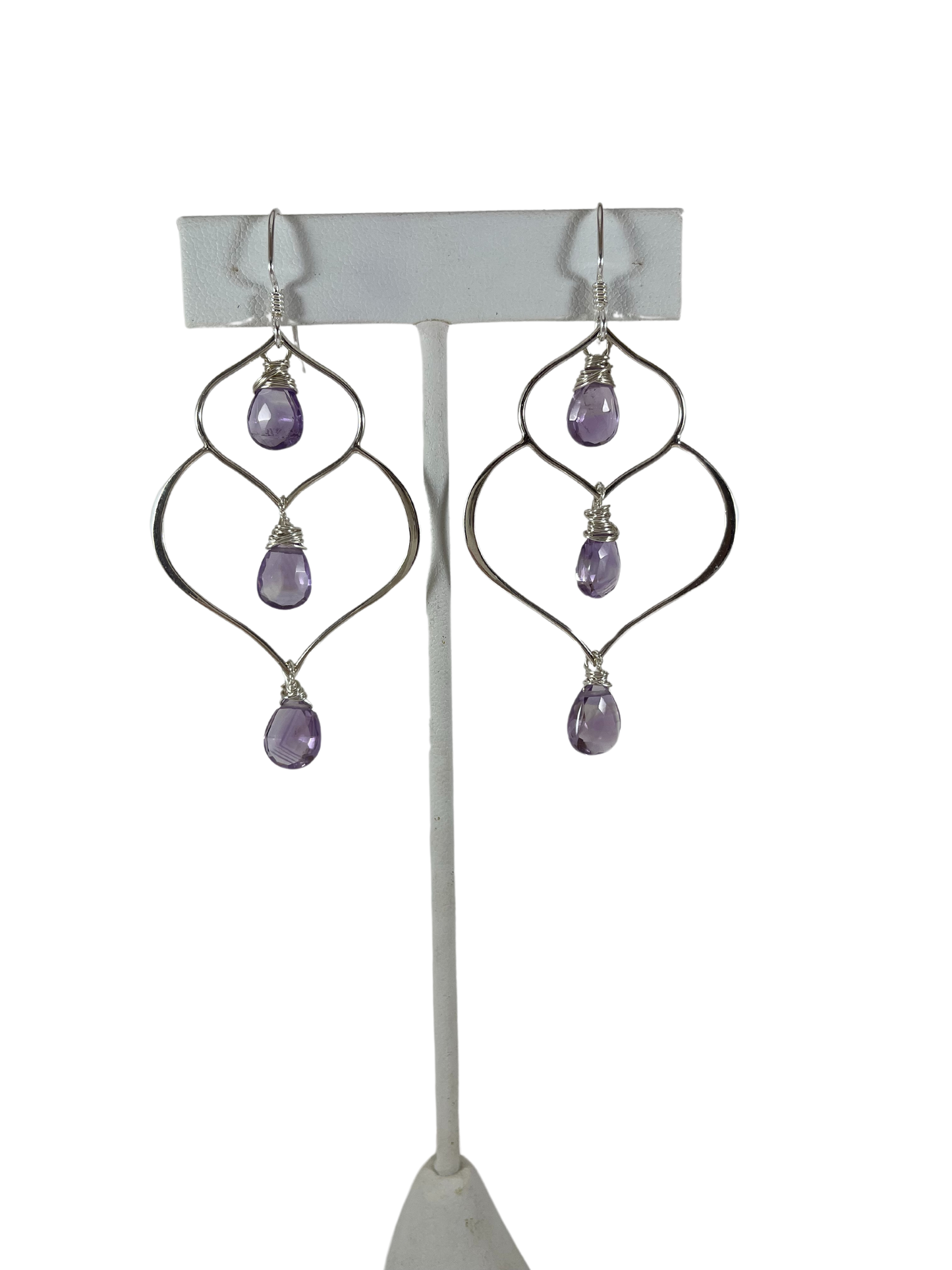 Amethyst Trio Drop Wire Wrapped Sterling Silver Earrings