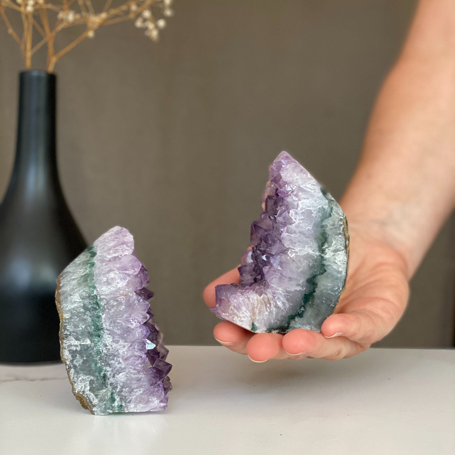 Lovely Amethyst Set with Agate bands at edges, perfect gift for crystal collectors