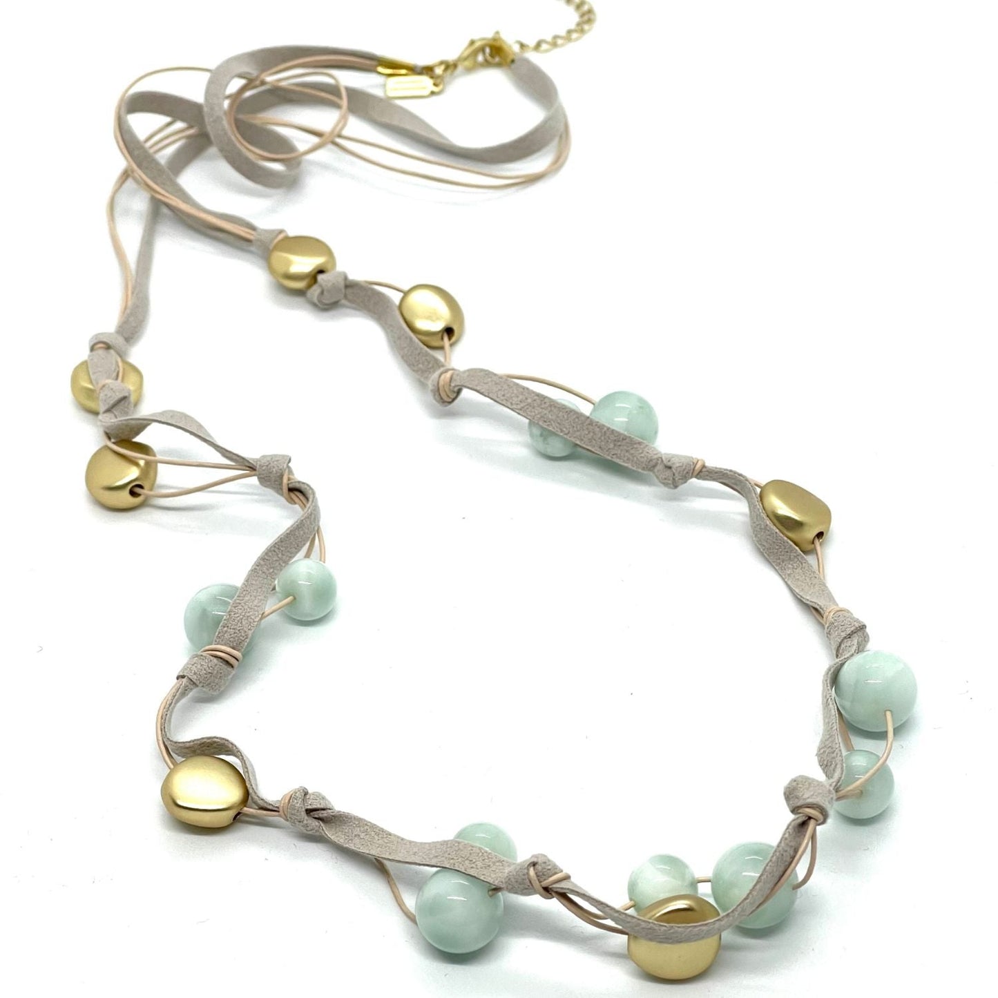 Angelite and Matte Gold Leather and Suede Layer Necklace