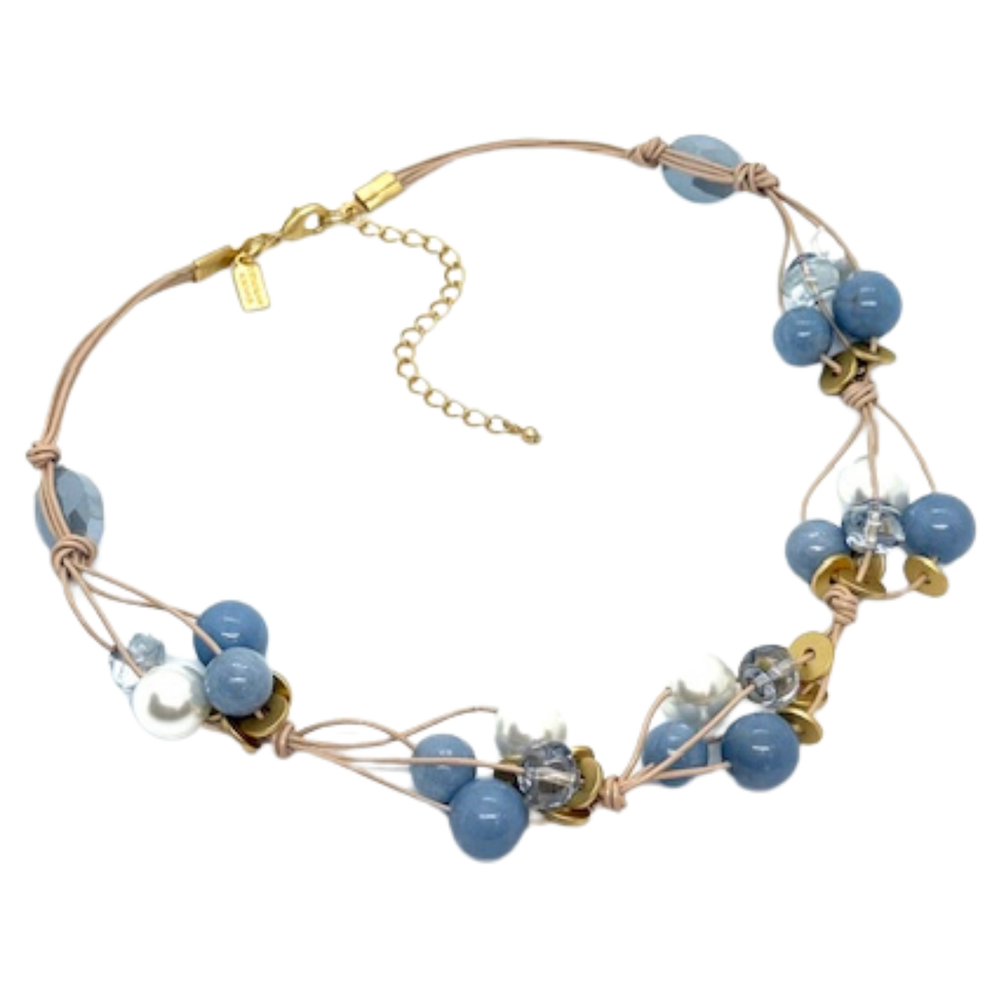 Blue Angelite, Pearl, And Blue Glass Woven Necklace