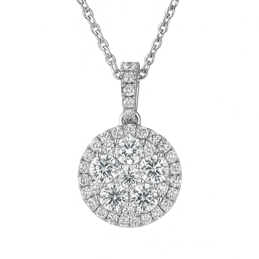 14K White Gold Round Diamond Cluster Pendant, 1.2ct