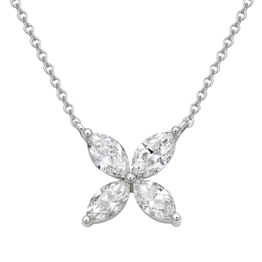 14K White Gold Four Petal White Gold Diamond Flower Pendant, 0.77ct