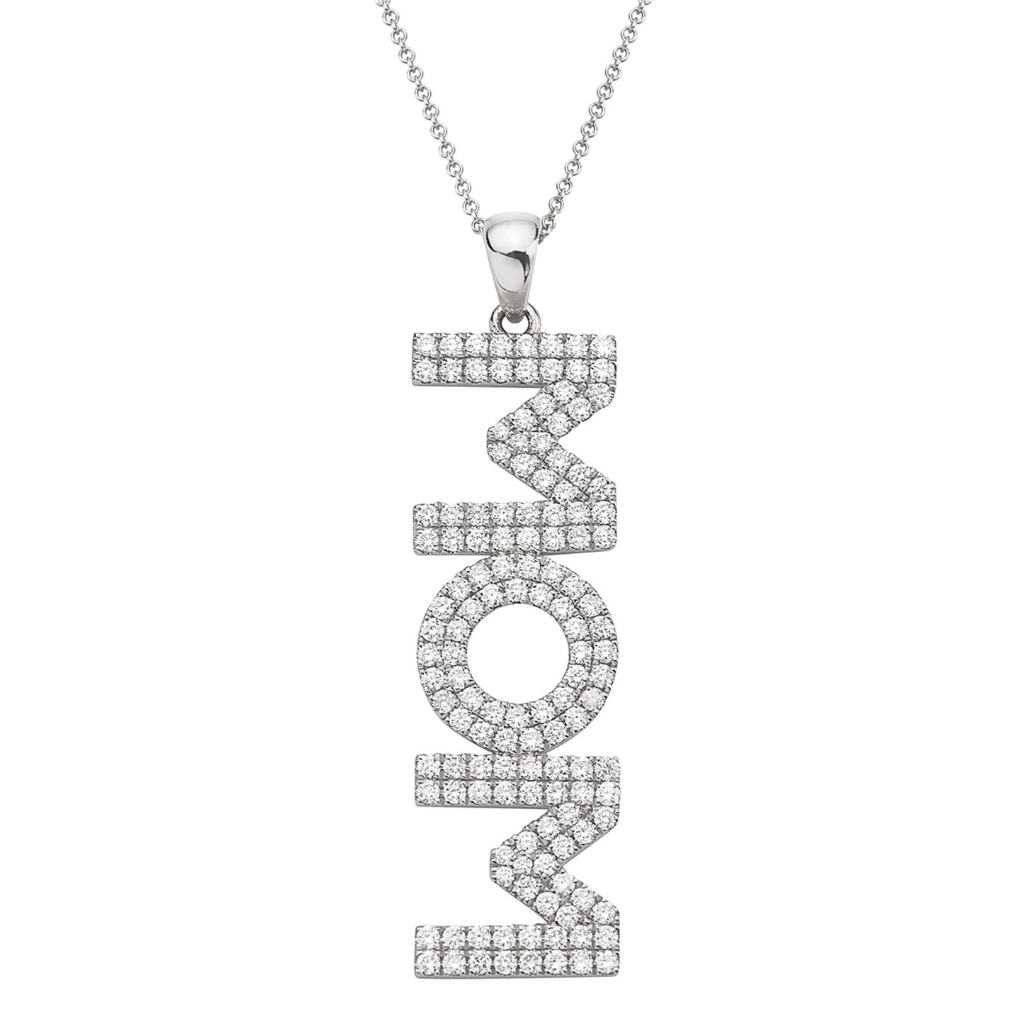 14K White Gold Diamond Mom Pendant, 1.1ct