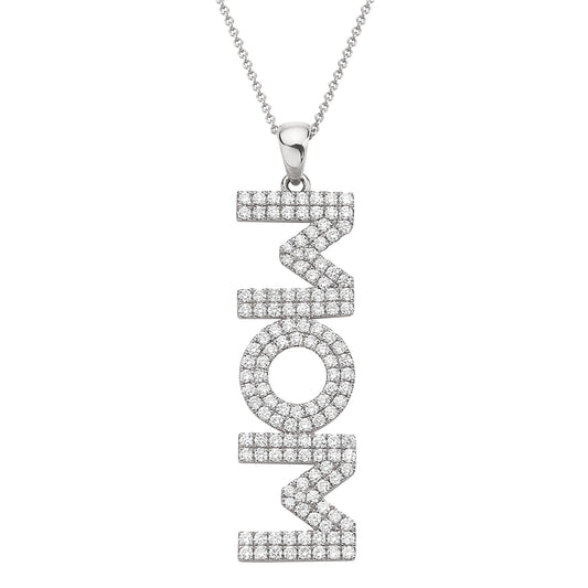 14K White Gold Diamond Mom Pendant, 1.1ct
