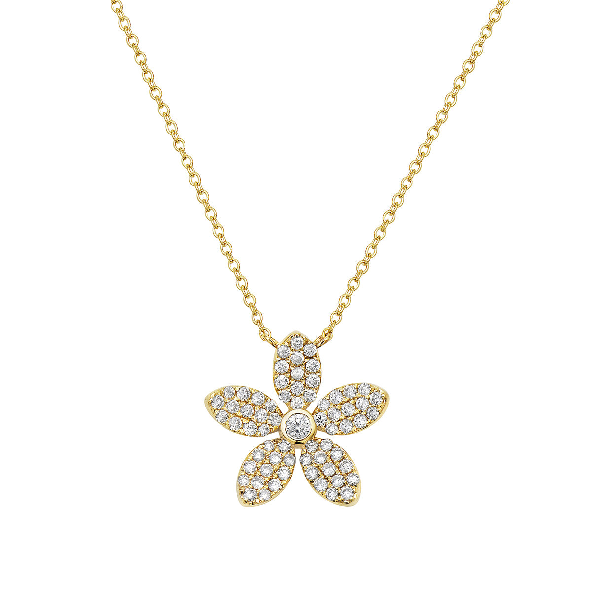 14K Yellow Gold Five Petal Diamond Flower Pendant, 0.38ct