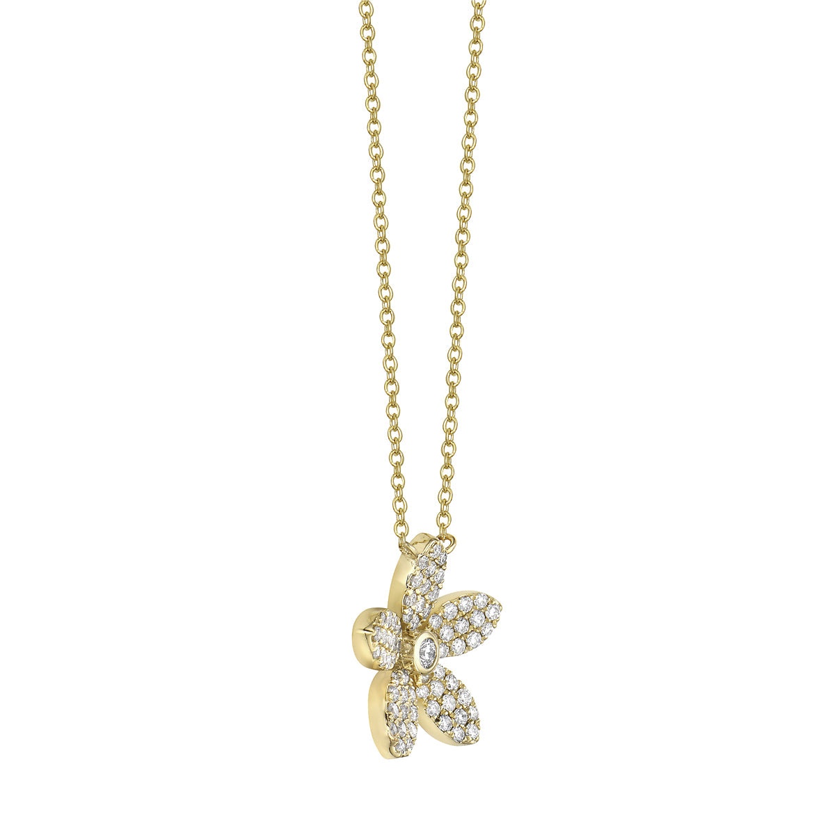 14K Yellow Gold Five Petal Diamond Flower Pendant, 0.38ct