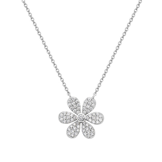 14K White Gold Six Petal Diamond Flower Pendant, 0.44ct