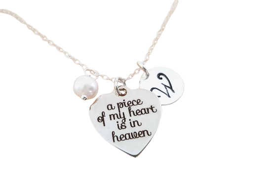 Personalized Memorial Necklace – 'A Piece of My Heart is in Heaven' Charm with Swarovski Birthstone & Initial | Sterling Silver Gift for Her