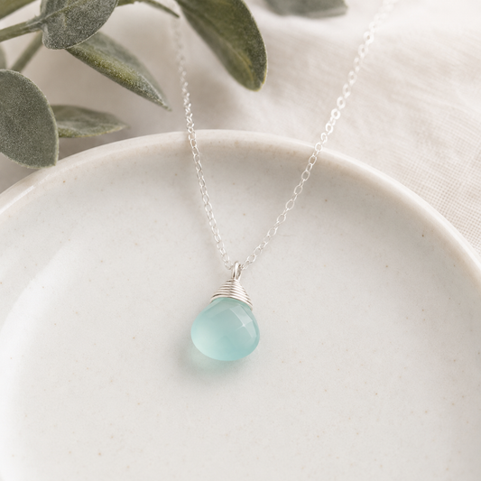 Aqua Chalcedony Teardrop Necklace – Sterling Silver Wire Wrapped Briolette Pendant