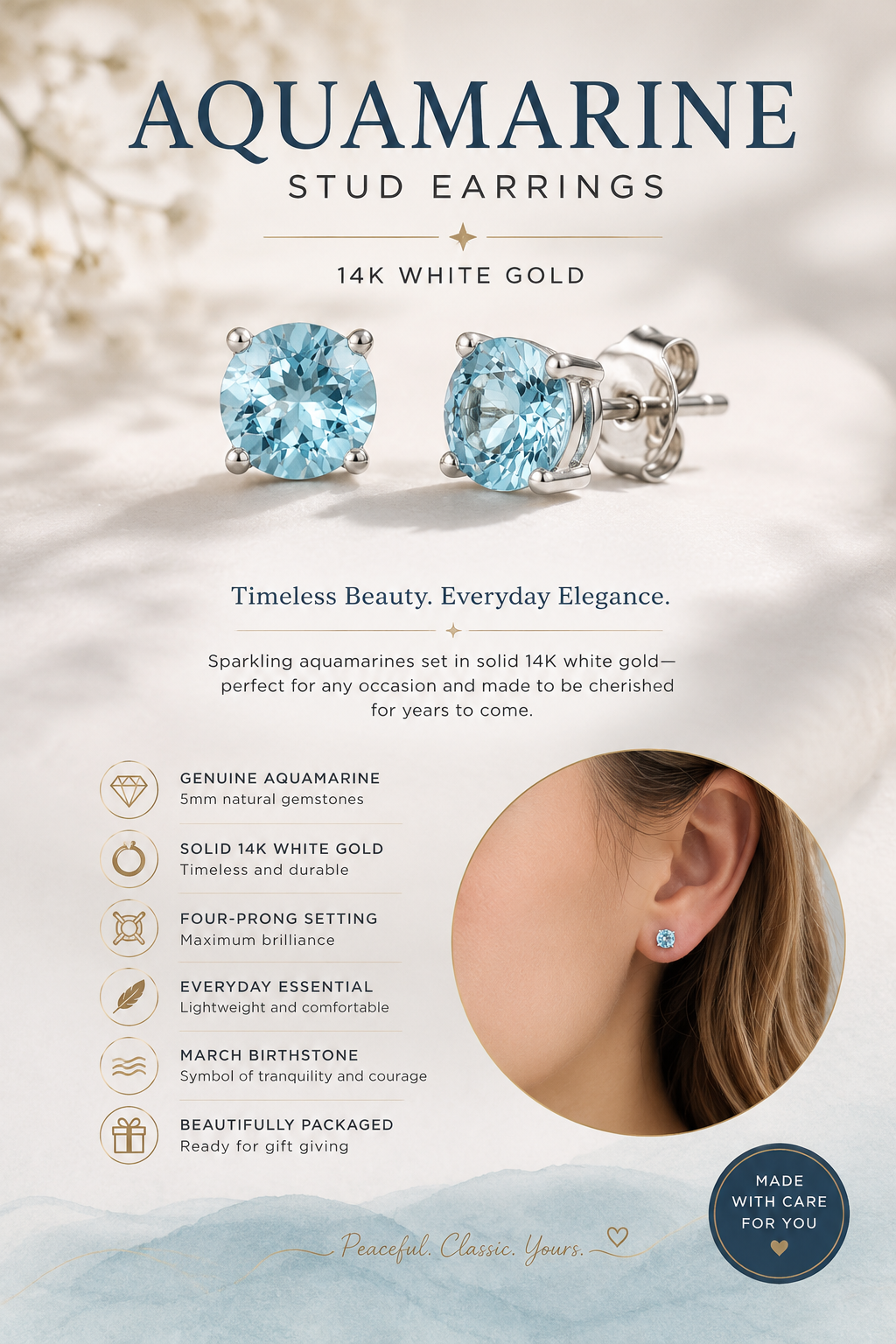 5mm Natural Aquamarine Stud Earrings in 14K White Gold