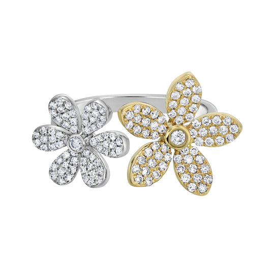 14K White Gold Double Diamond Flower Ring, 0.57ct