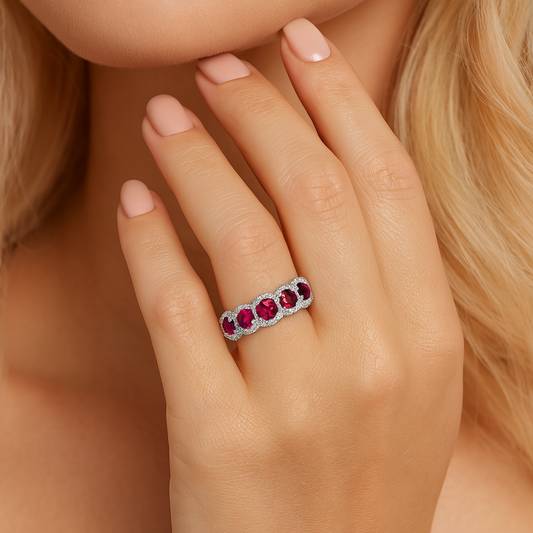 14K White Gold Ruby and Diamond Halo Band, 0.9ct