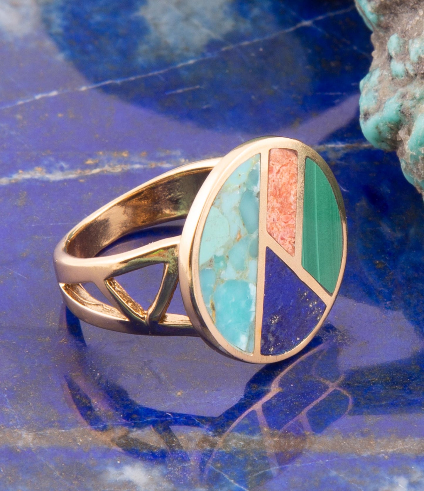 Art Deco Colorful Inlay Golden Ring