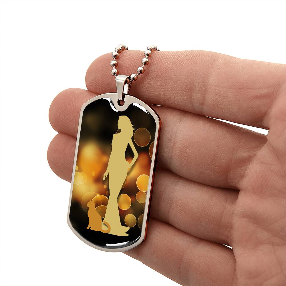 Golden Dress Cat Lady Dog Tag Necklace