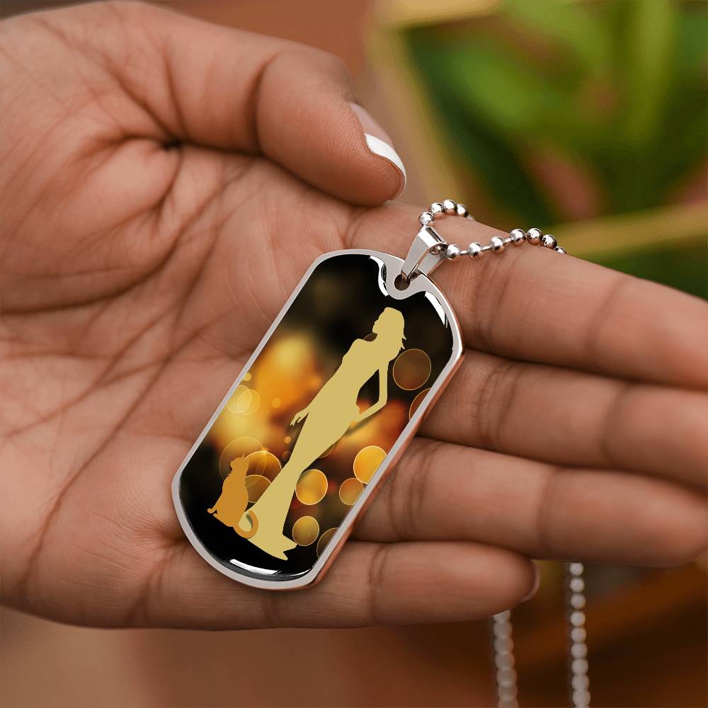 Golden Dress Cat Lady Dog Tag Necklace