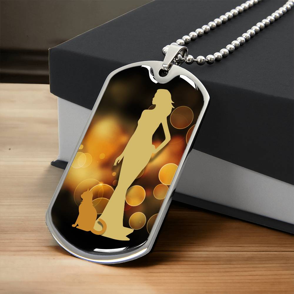 Golden Dress Cat Lady Dog Tag Necklace