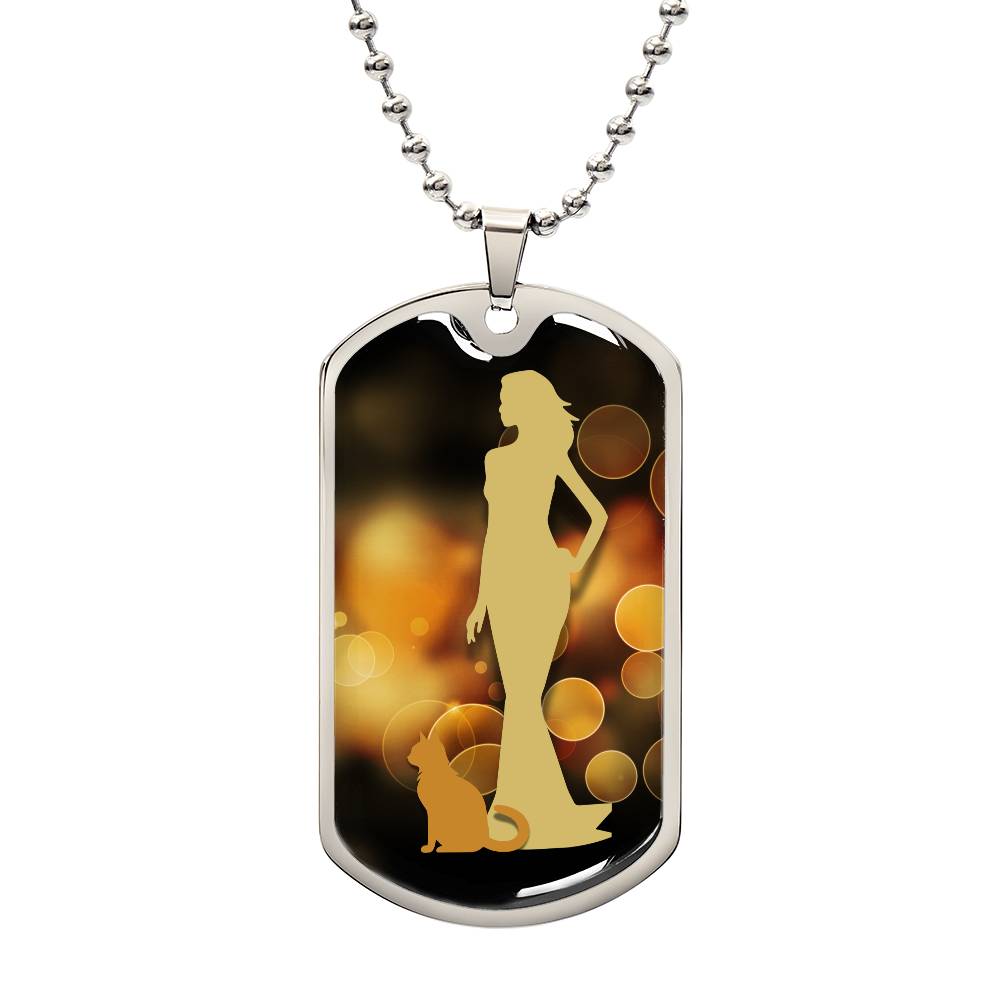 Golden Dress Cat Lady Dog Tag Necklace