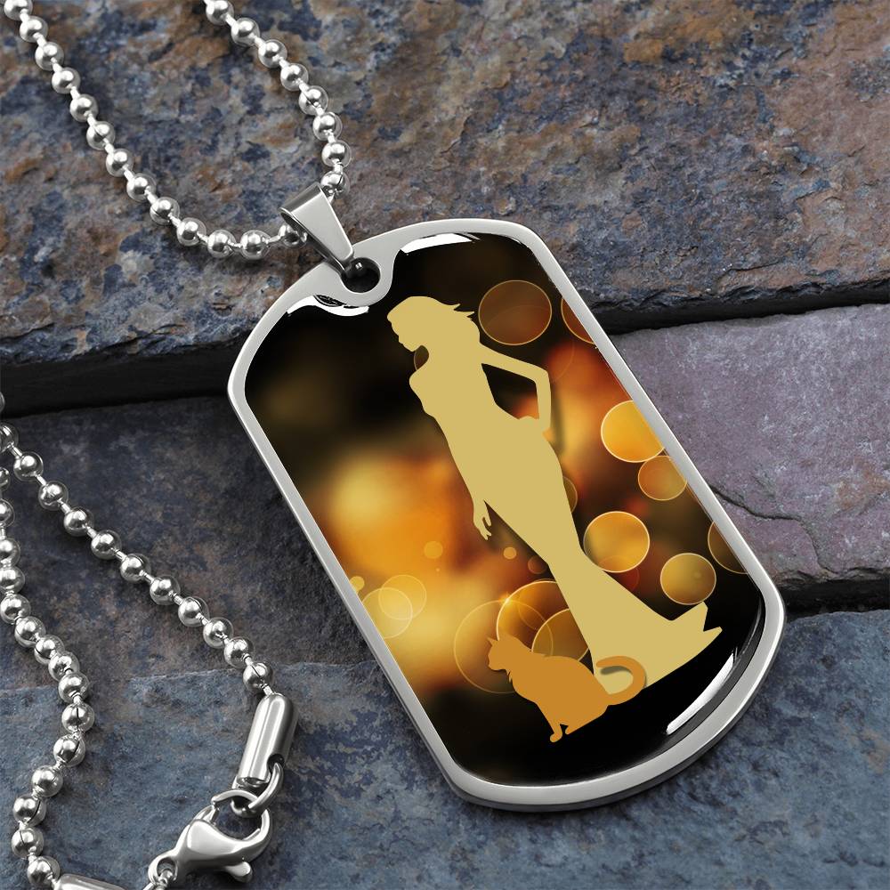 Golden Dress Cat Lady Dog Tag Necklace