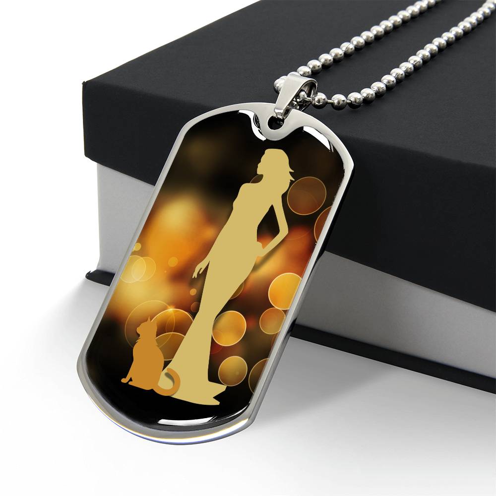Golden Dress Cat Lady Dog Tag Necklace