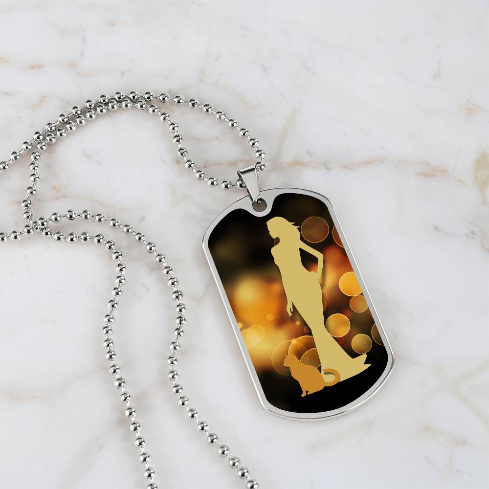 Golden Dress Cat Lady Dog Tag Necklace