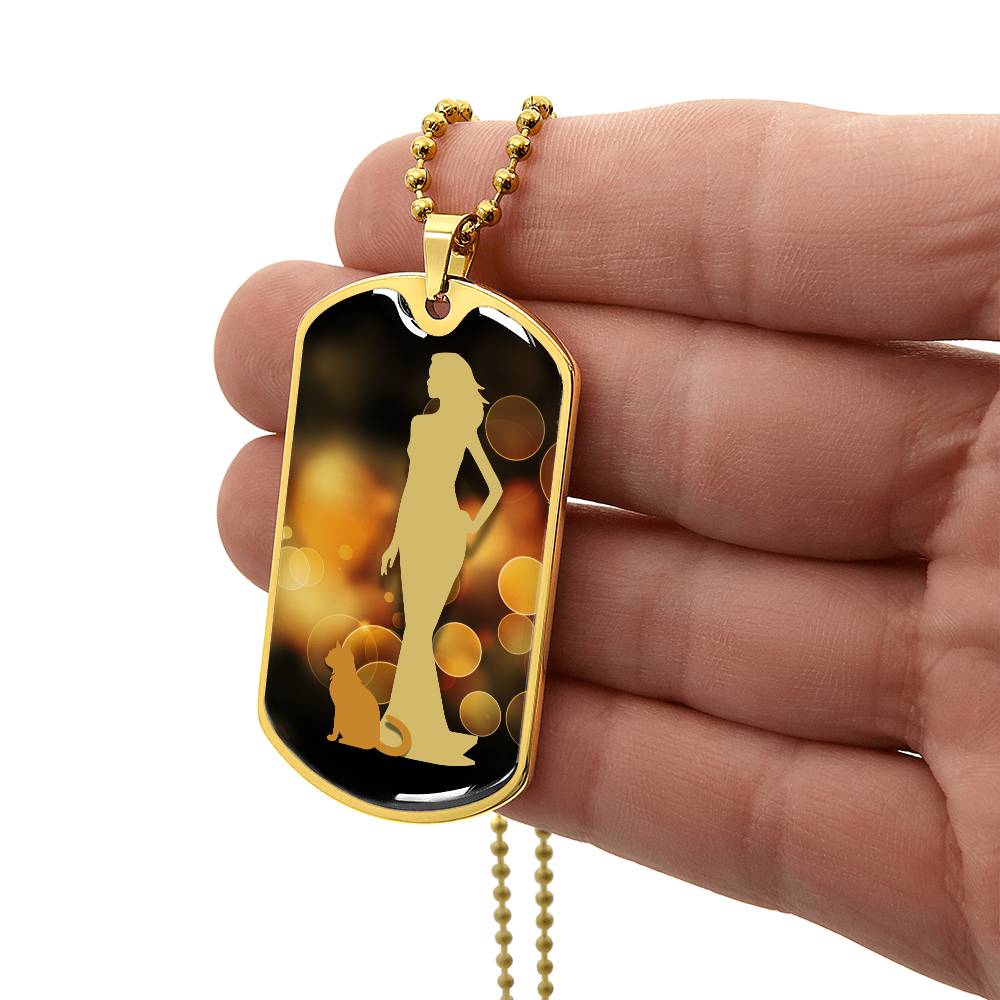 Golden Dress Cat Lady Dog Tag Necklace