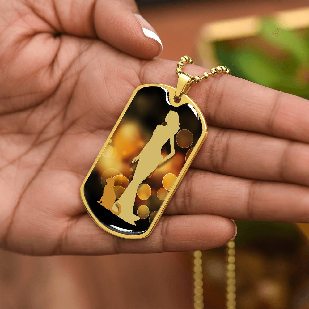Golden Dress Cat Lady Dog Tag Necklace