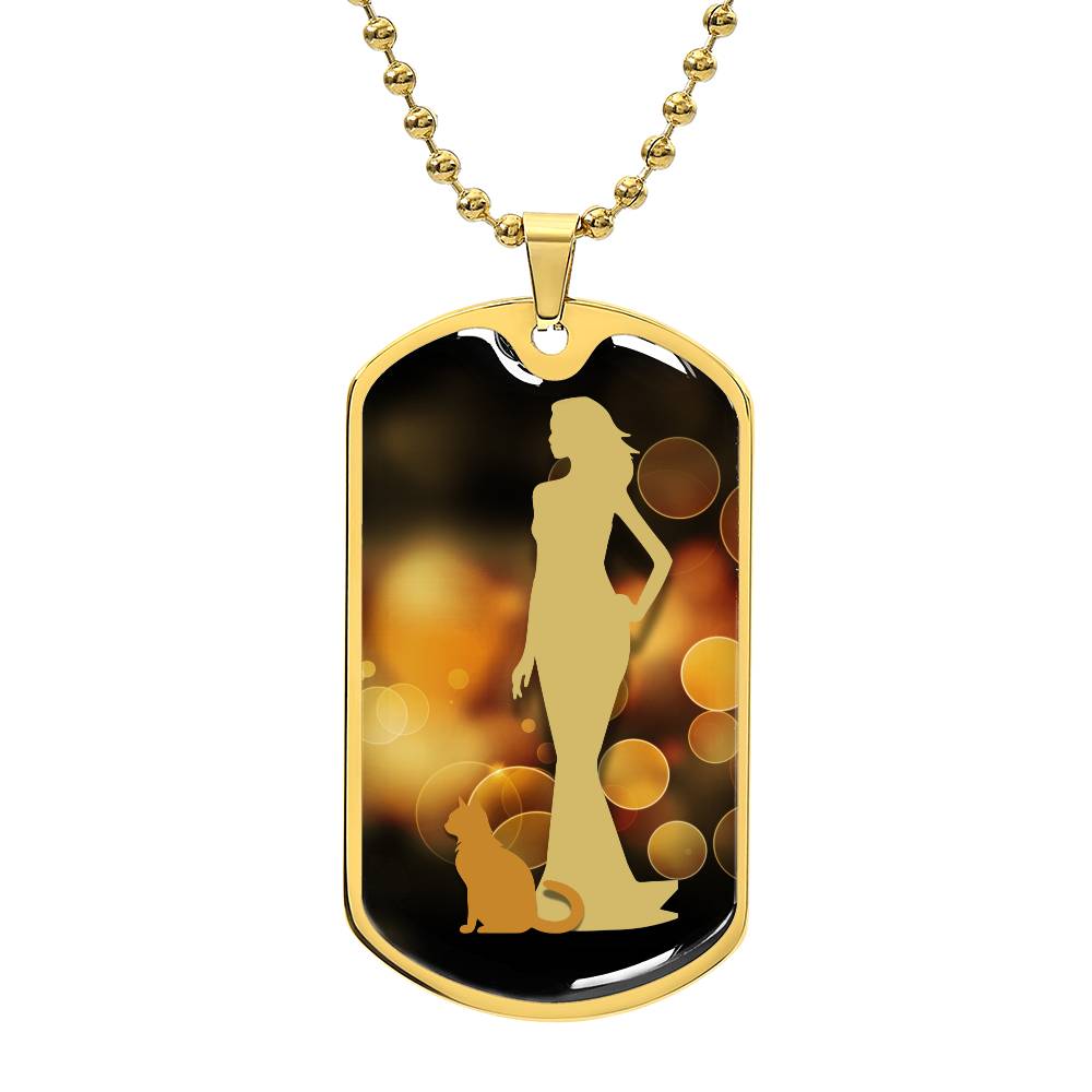 Golden Dress Cat Lady Dog Tag Necklace