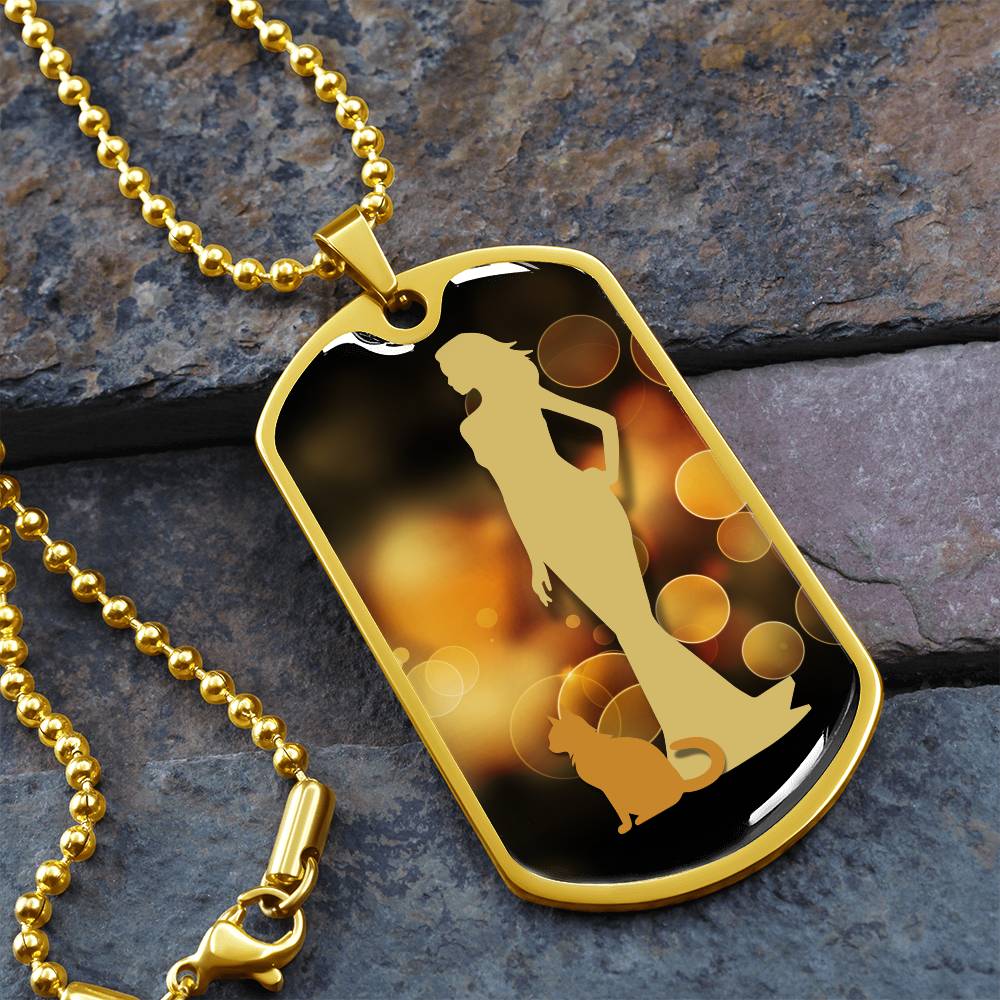 Golden Dress Cat Lady Dog Tag Necklace