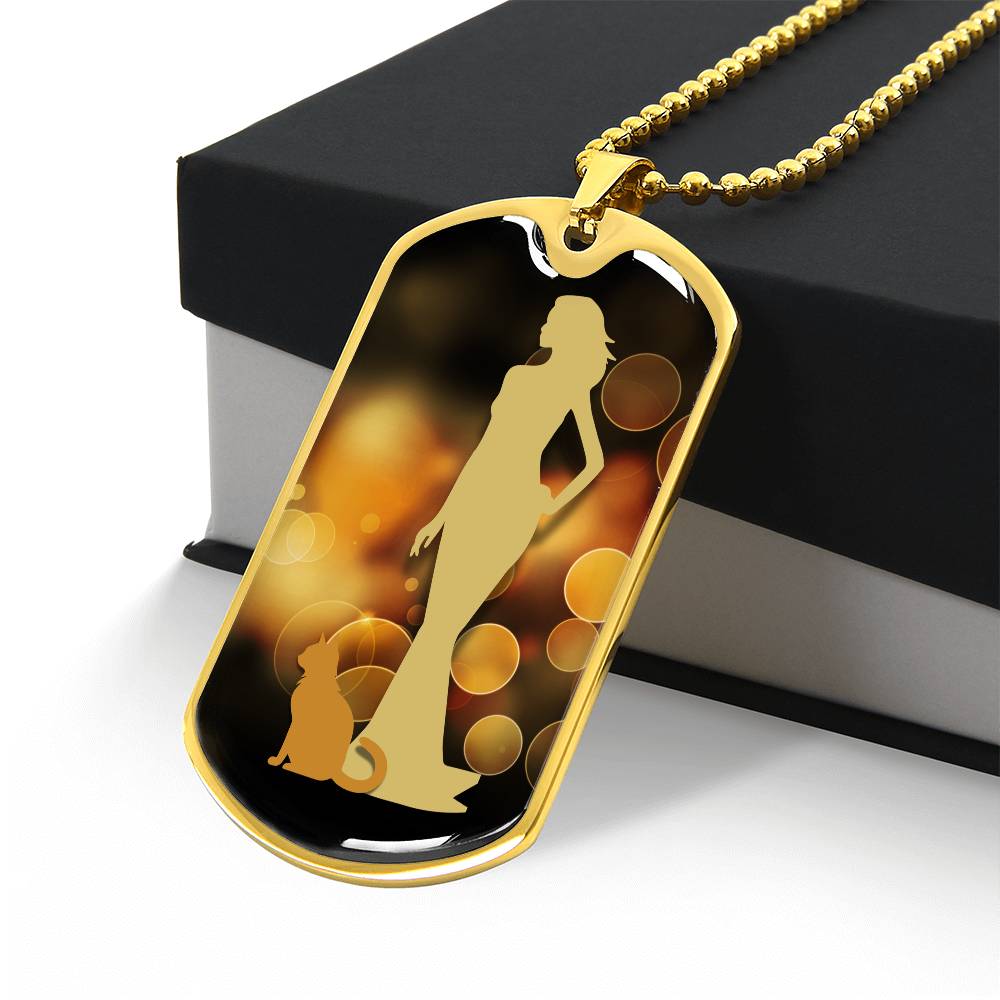 Golden Dress Cat Lady Dog Tag Necklace