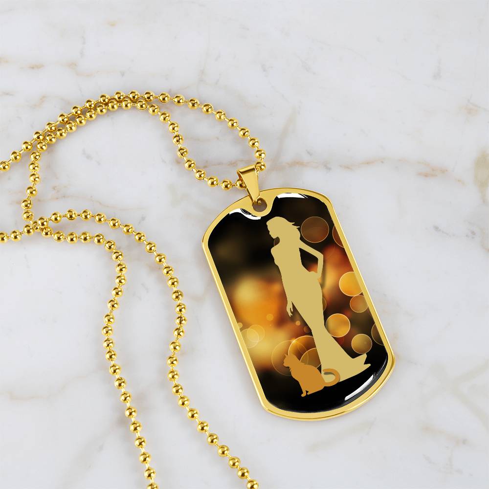 Golden Dress Cat Lady Dog Tag Necklace