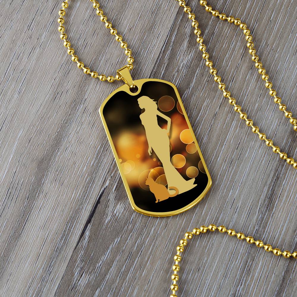 Golden Dress Cat Lady Dog Tag Necklace