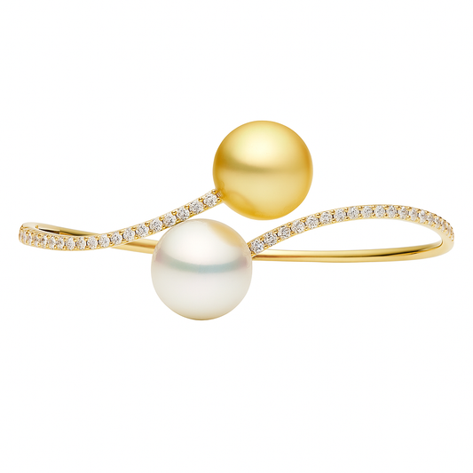 18K Yellow Gold White & Golden South Sea Pearl Bangle,12-13mm, 1.03ct