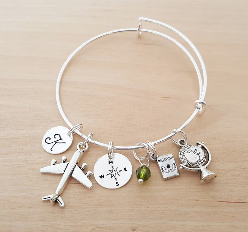 World Traveler Charm Bracelet – Adjustable Bangle with Personalized Initial & Birthstone