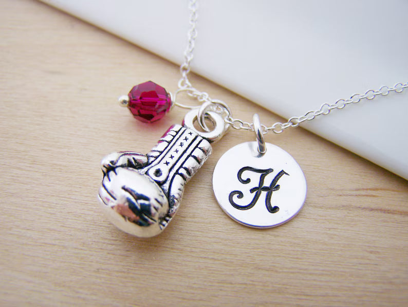 Personalized Boxing Glove Necklace – Sterling Silver Charm with Birthstone & Initial