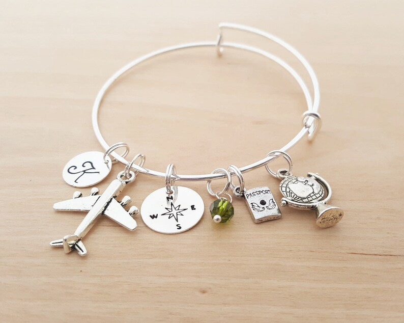 World Traveler Charm Bracelet – Adjustable Bangle with Personalized Initial & Birthstone