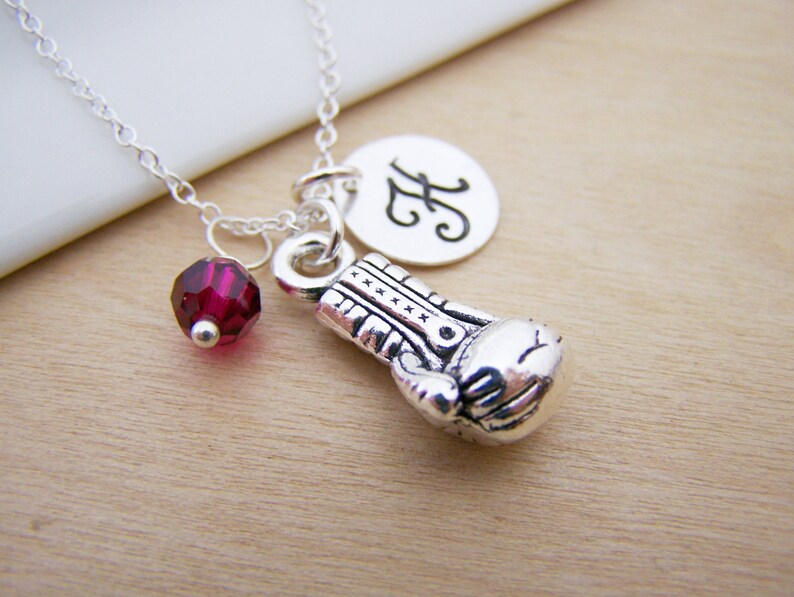 Personalized Boxing Glove Necklace – Sterling Silver Charm with Birthstone & Initial