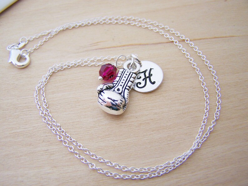 Personalized Boxing Glove Necklace – Sterling Silver Charm with Birthstone & Initial