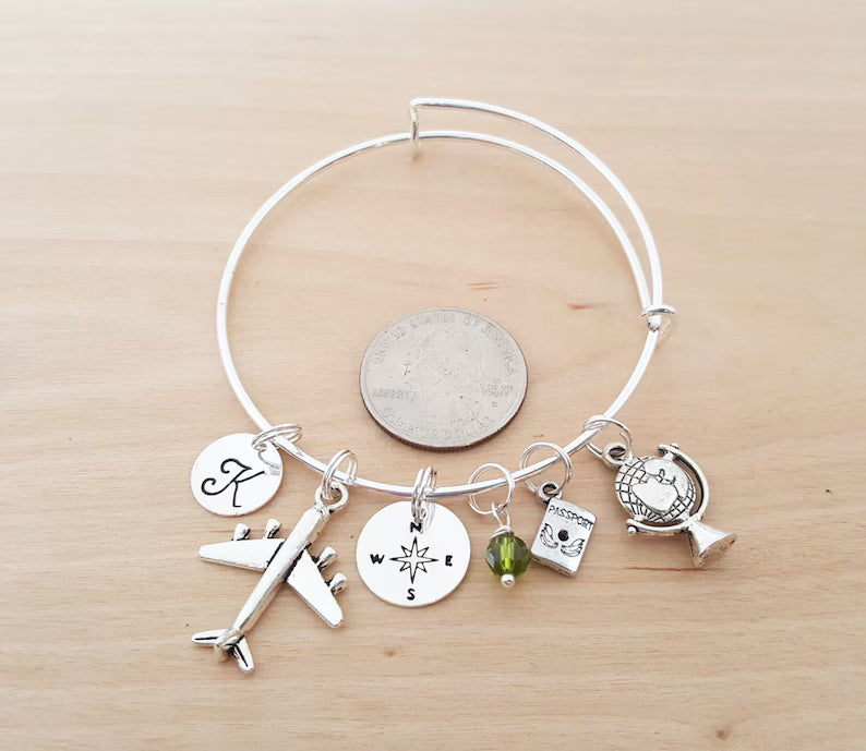 World Traveler Charm Bracelet – Adjustable Bangle with Personalized Initial & Birthstone