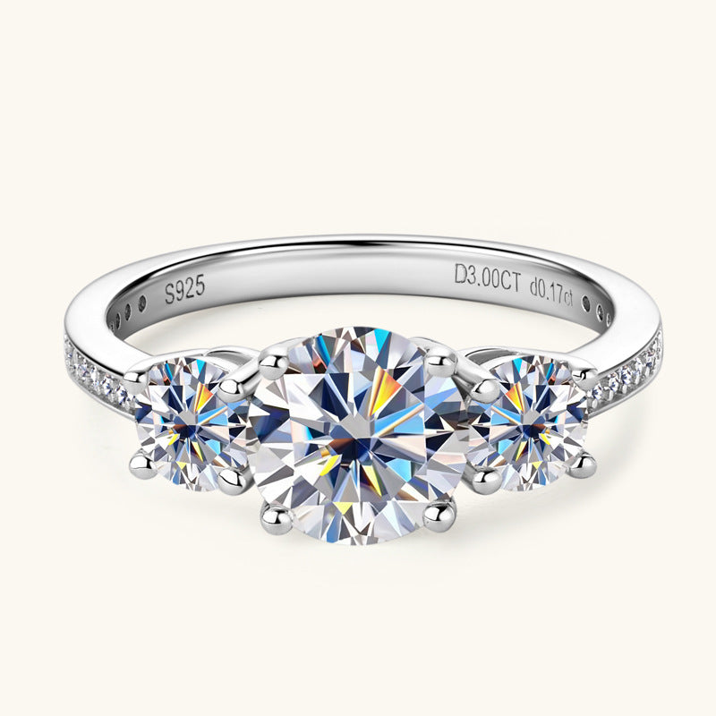 3 Carat 3-Stone Round Brilliant Round Cut Sparkala™ Platinum-Plated 925 Sterling Silver Ring