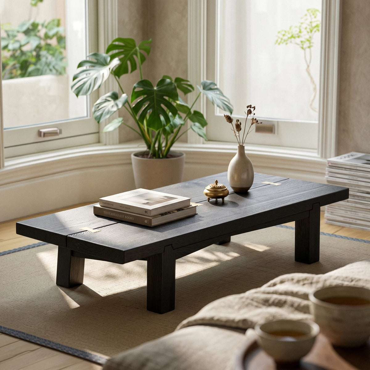 Wabi-Sabi Low Wood Tea Table with Brass Inlay | Compact Floor Table