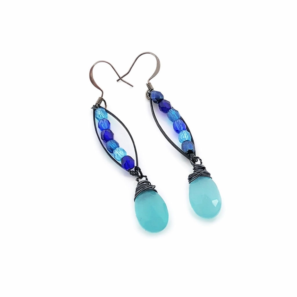 Blue Chalcedony & Czech Glass Oxidized Sterling Silver Earrings