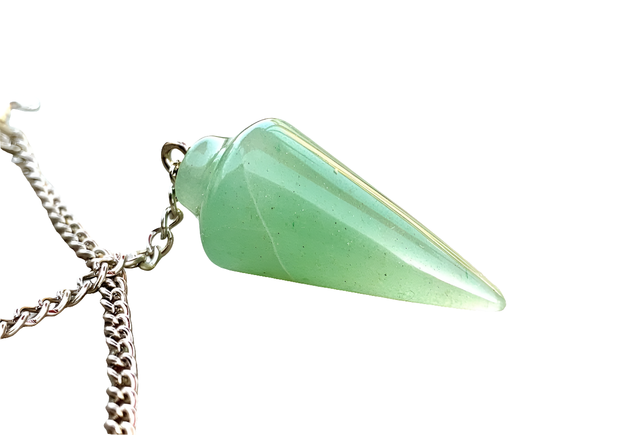 Handmade Natural Gemstone Smooth Conical Crystal Pendulum with Charm, Free Chain, Reiki Meditation Dowsing Tool (Green Aventurine)
