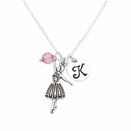 Personalized Ballerina Necklace – Sterling Silver Chain with Birthstone & Initial