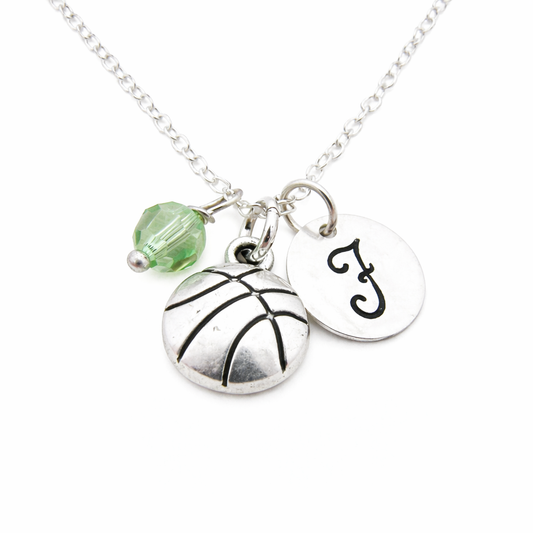 Basketball Necklace – Sterling Silver with Birthstone & Initial Charm