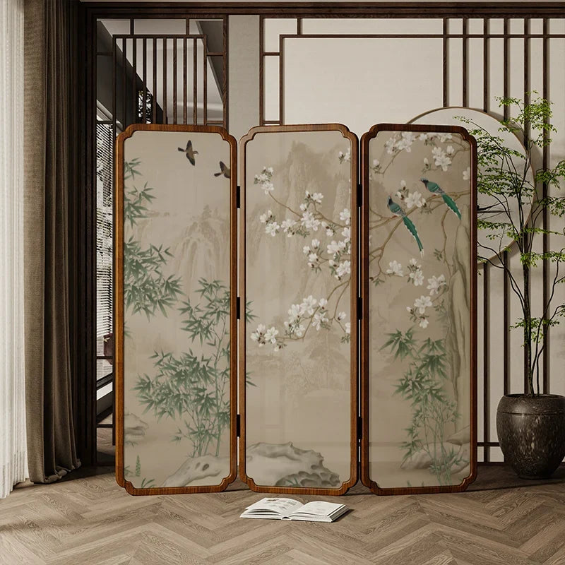 Zen Wood Folding Screen Partition | Floral & Bird Room Divider